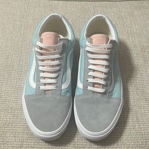 Vans color block lace up shoes. Gray, blue, yellow, and pink stack form sole